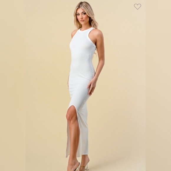 White Ribbed Maxi Dress Ribbed Racerback Bodycon Dress Crew Neck Side Slit - Picture 1 of 7